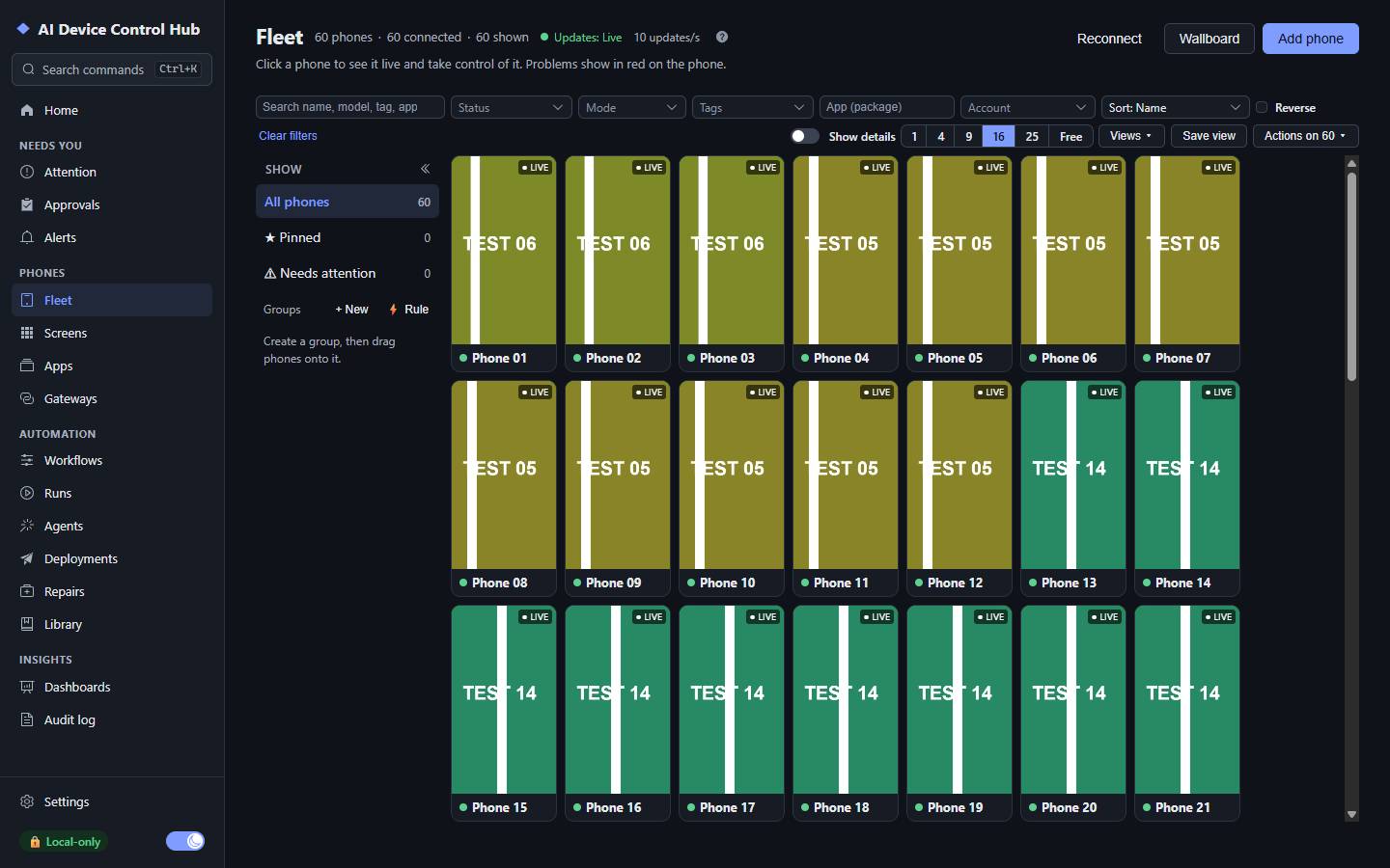 The Fleet page with a grid of live phone tiles
